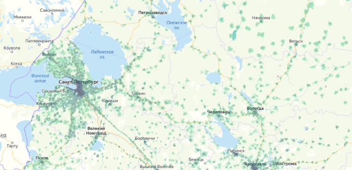 Зона покрытия МТС на карте Ярославль 
